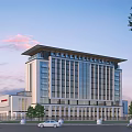 White Modern Office Building Exterior With Glass Curtain Walls Trees And Sunset Sky