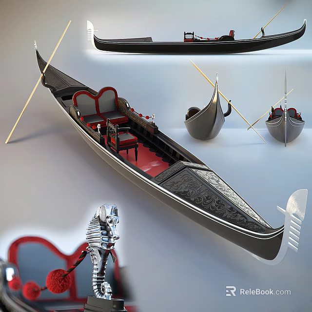 Exquisitely Decorated Wooden Gondola With Red Seating Details And Oars 3d model 