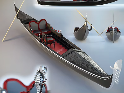 Exquisitely Decorated Wooden Gondola With Red Seating Details And Oars 3d model