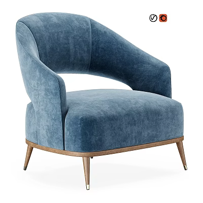 Modern Elegant Blue Upholstered Accent Chair With Curved Arms And Wooden Legs 3d model