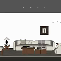 Modern Living Room Interior With Beige Sofa Armchairs Coffee Tables And Decorative Wall Art