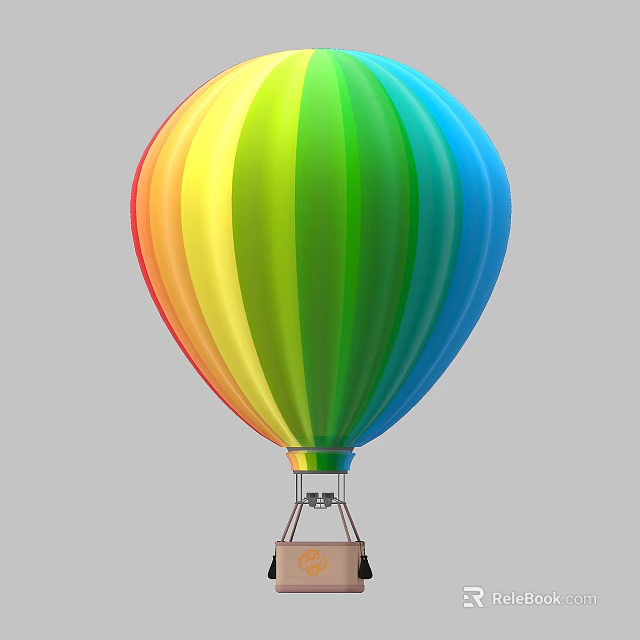 Colorful Hot Air Balloon With Vibrant Rainbow Colors And Wicker Basket 3d model 