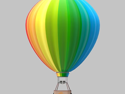 Colorful Hot Air Balloon With Vibrant Rainbow Colors And Wicker Basket 3d model