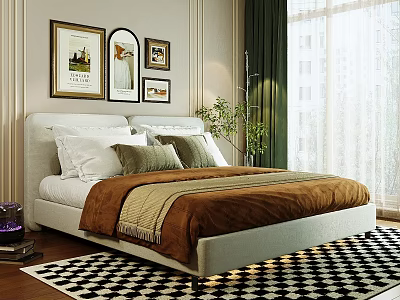 Modern Double Bed With White Pillows Green Cushions Brown Bedding Green Curtains And Checkered Rug 3d model