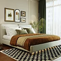 Modern Double Bed With White Pillows Green Cushions Brown Bedding Green Curtains And Checkered Rug