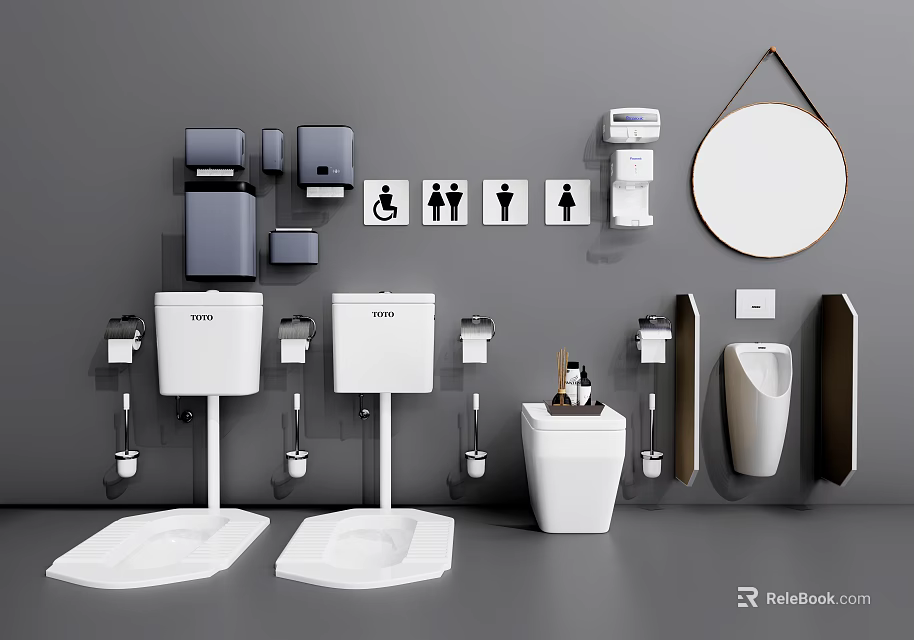 Modern Bathroom Wall Mounted And Floor Standing Toilets With Urinal Mirror And Accessories 3d model 