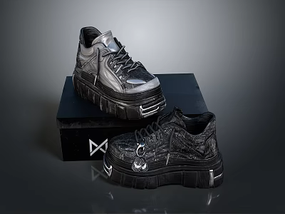 Stylish Black Platform Shoes With Shiny Material Thick Sole And Laces On Black Box 3d model