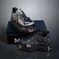 Stylish Black Platform Shoes With Shiny Material Thick Sole And Laces On Black Box