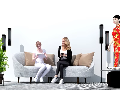 Light Gray Multi Seater Sofa With Brown Cushions And People Sitting Comfortably In Living Room 3d model