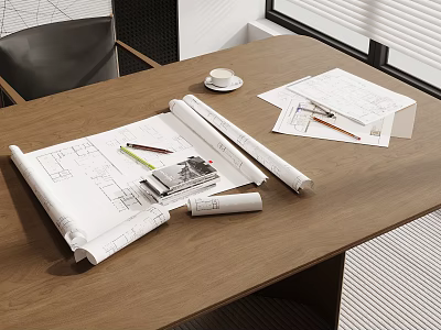 Wooden Desk With Architectural Blueprints Stationery And Coffee Cup In Design Office 3d model