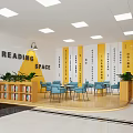 Cozy Leisure Area with Reading Space Yellow Walls Bookshelves Blue Chairs and Green Plants