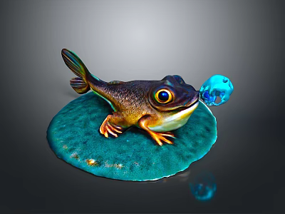 Frog Like Aquatic Animal With Fish Tail Sitting On Blue Lily Pad Holding Blue Bubble 3d model