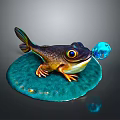 Frog Like Aquatic Animal With Fish Tail Sitting On Blue Lily Pad Holding Blue Bubble