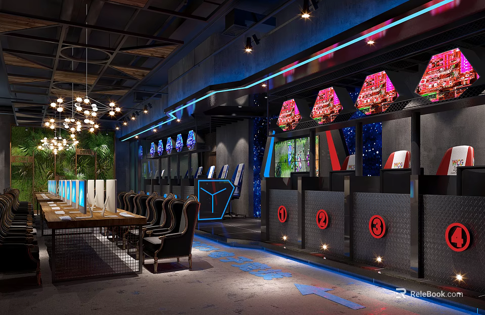 Modern Internet Cafe Interior Design With Gaming Computers Ergonomic Chairs And Neon Lights 3d model 
