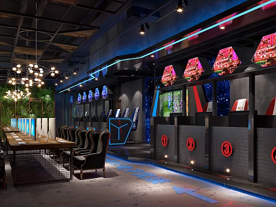 Modern Internet Cafe Interior Design With Gaming Computers Ergonomic Chairs And Neon Lights 3d model