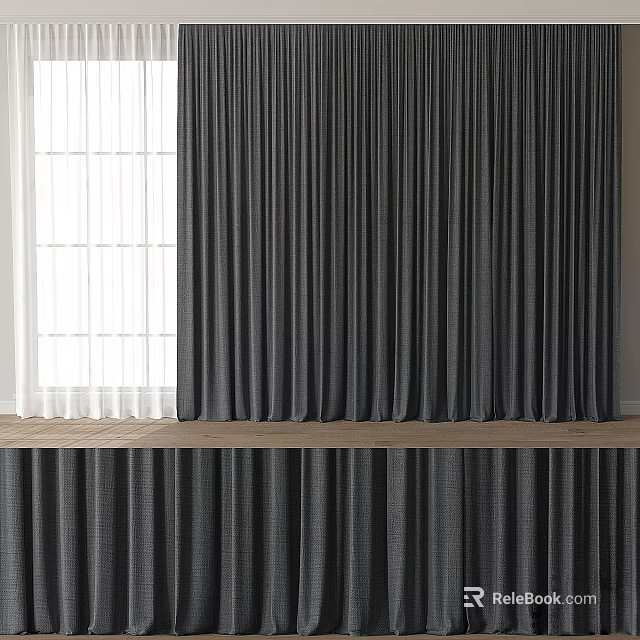 Dark Gray Curtains With White Sheer Panels And Wooden Windowsill In Modern Room 3d model 
