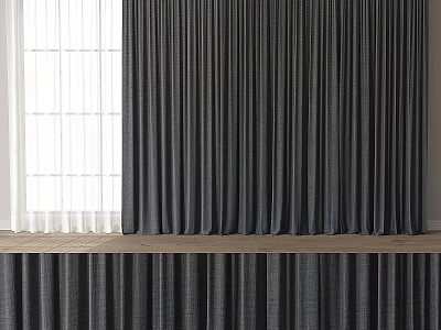 Dark Gray Curtains With White Sheer Panels And Wooden Windowsill In Modern Room 3d model