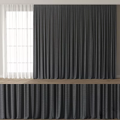 Dark Gray Curtains With White Sheer Panels And Wooden Windowsill In Modern Room 3d model