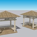 Chinese Traditional Garden Pavilions With Wooden Roofs Stone Columns And Benches