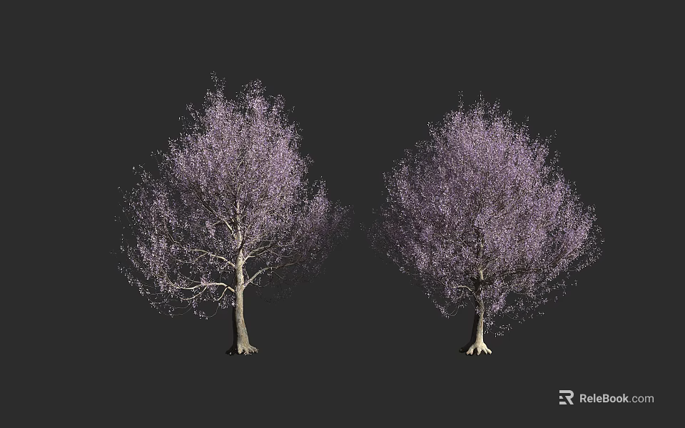 Two Arbor Trees With Purple Flowers And Lush Branches On Dark Background 3d model 