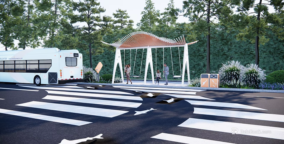 Modern Post Station With Canopy Structure Green Trees Pedestrians And Natural Surroundings 3d model 