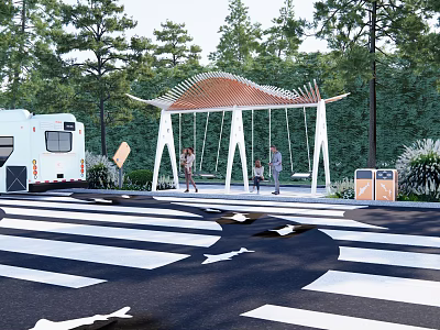 Modern Post Station With Canopy Structure Green Trees Pedestrians And Natural Surroundings 3d model