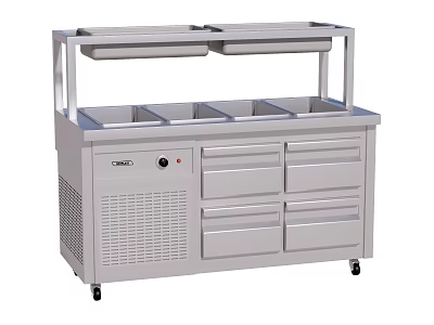 Stainless Steel Refrigerated Kitchen Workbench With Drawers Shelves And Mobile Wheels 3d model
