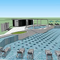Outdoor Swimming Pool Design With Multiple Areas Umbrellas Seating And Building Structure 3d model