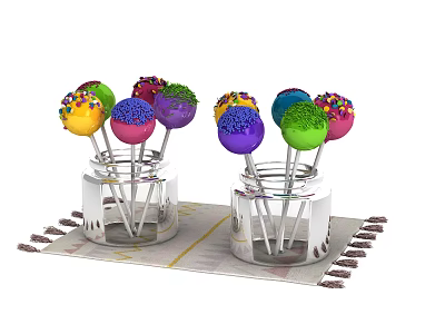 Vibrant Candy Lollipops with Sprinkles in Glass Jars on Table Mat 3d model