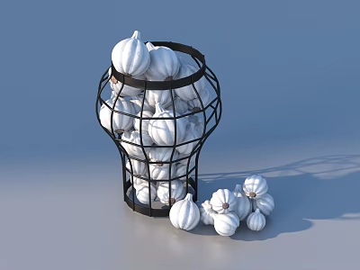 Fresh Garlic Filled in Black Metal Wire Basket with Some Scattered Beside 3d model