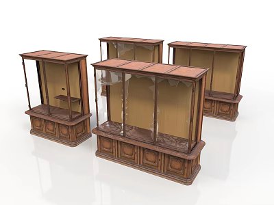 Four Antique Display Cabinets With Glass Doors And Wooden Carved Bases 3d model