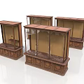 Four Antique Display Cabinets With Glass Doors And Wooden Carved Bases