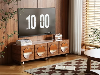 Wooden TV Stand with Round Cutouts and Wheels Holding TV Books and Radio on Wooden Floor 3d model