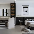 Modern Living Dining Room Interior With Black Sofa White Rug Floor Lamp And Abstract Painting