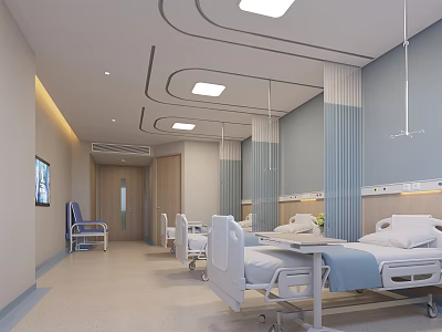 Spacious Modern Hospital Ward Interior With Medical Beds And Equipment 3d model