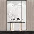 Modern Console Table With Wooden Walls Glass Panel White Patterns Black Countertop And Golden Legs