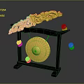 Traditional Musical Equipment With Wooden Stand Yellow Gong Golden Carved Decorations And Hanging White Objects