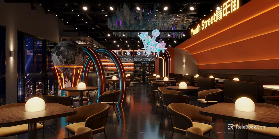 Stylish Bar Interior Design Featuring Moon Decor Neon Lights Orange Walls And Brown Chairs 3d model 