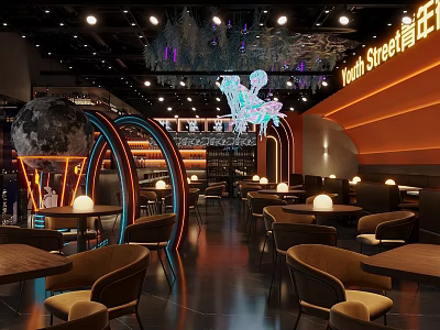 Stylish Bar Interior Design Featuring Moon Decor Neon Lights Orange Walls And Brown Chairs 3d model