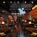Stylish Bar Interior Design Featuring Moon Decor Neon Lights Orange Walls And Brown Chairs