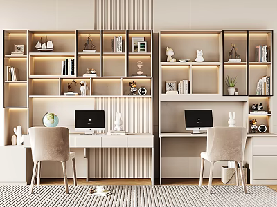 Modern Home Study Double Desk With Integrated Bookshelves Decor Pieces And Beige Accent Chairs 3d model