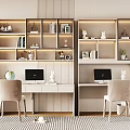Modern Home Study Double Desk With Integrated Bookshelves Decor Pieces And Beige Accent Chairs