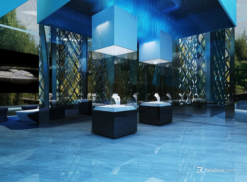 Luxury Modern Display Hall Interior With Blue Lighting Glass Partitions And Display Cases 3d model 