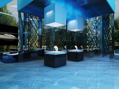 Luxury Modern Display Hall Interior With Blue Lighting Glass Partitions And Display Cases 3d model