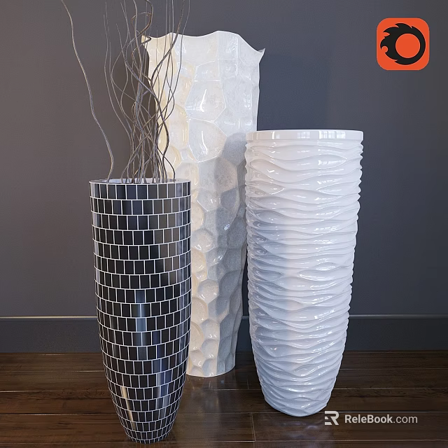 Decorative Ornament Set with Black Mosaic and White Textured Wavy Vases for Home Interior Decor 3d model 