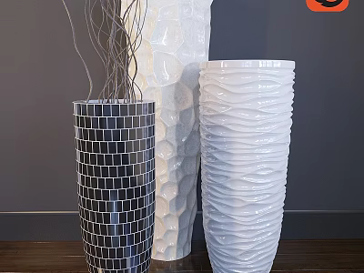 Decorative Ornament Set with Black Mosaic and White Textured Wavy Vases for Home Interior Decor 3d model