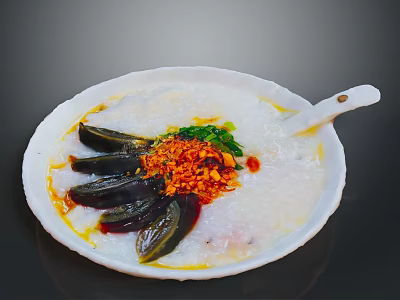Savory Congee Topped with Century Egg Green Onions Chili Flakes in White Bowl with Spoon 3d model