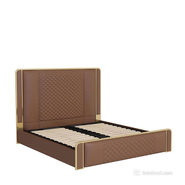 Brown Double Bed With Diamond Pattern Upholstered Headboard And Golden Frame Wooden Slat Base 3d model 