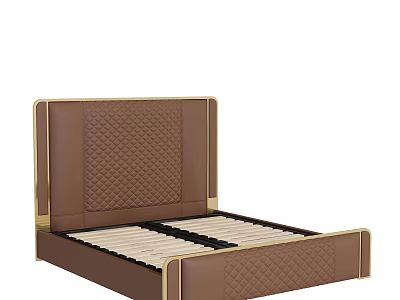 Brown Double Bed With Diamond Pattern Upholstered Headboard And Golden Frame Wooden Slat Base 3d model