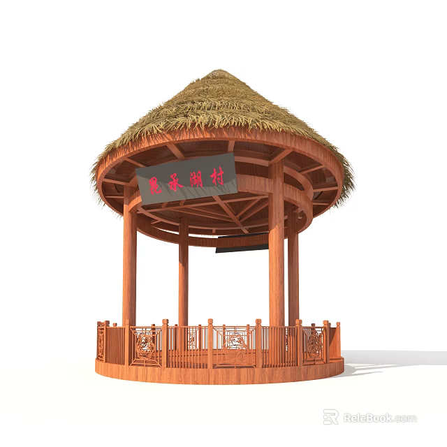 Traditional Round Wooden Pavilion Featuring Thatched Roof Wooden Railings And Columns 3d model 